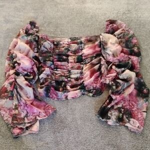 PrettyLittleThing Rose Femme Renaissance Print Crop Ruched Off Shoulder Top